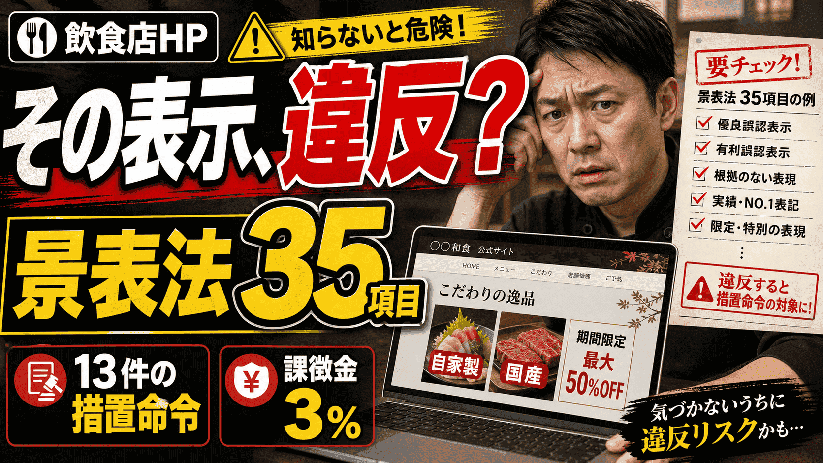 飲食店HPの表示リスクを警告する記事画像。困惑した男性がレストラン公式サイトの画面を見つめ、画面には「自家製」「国産」「最大50%OFF」などの表示例が並ぶ